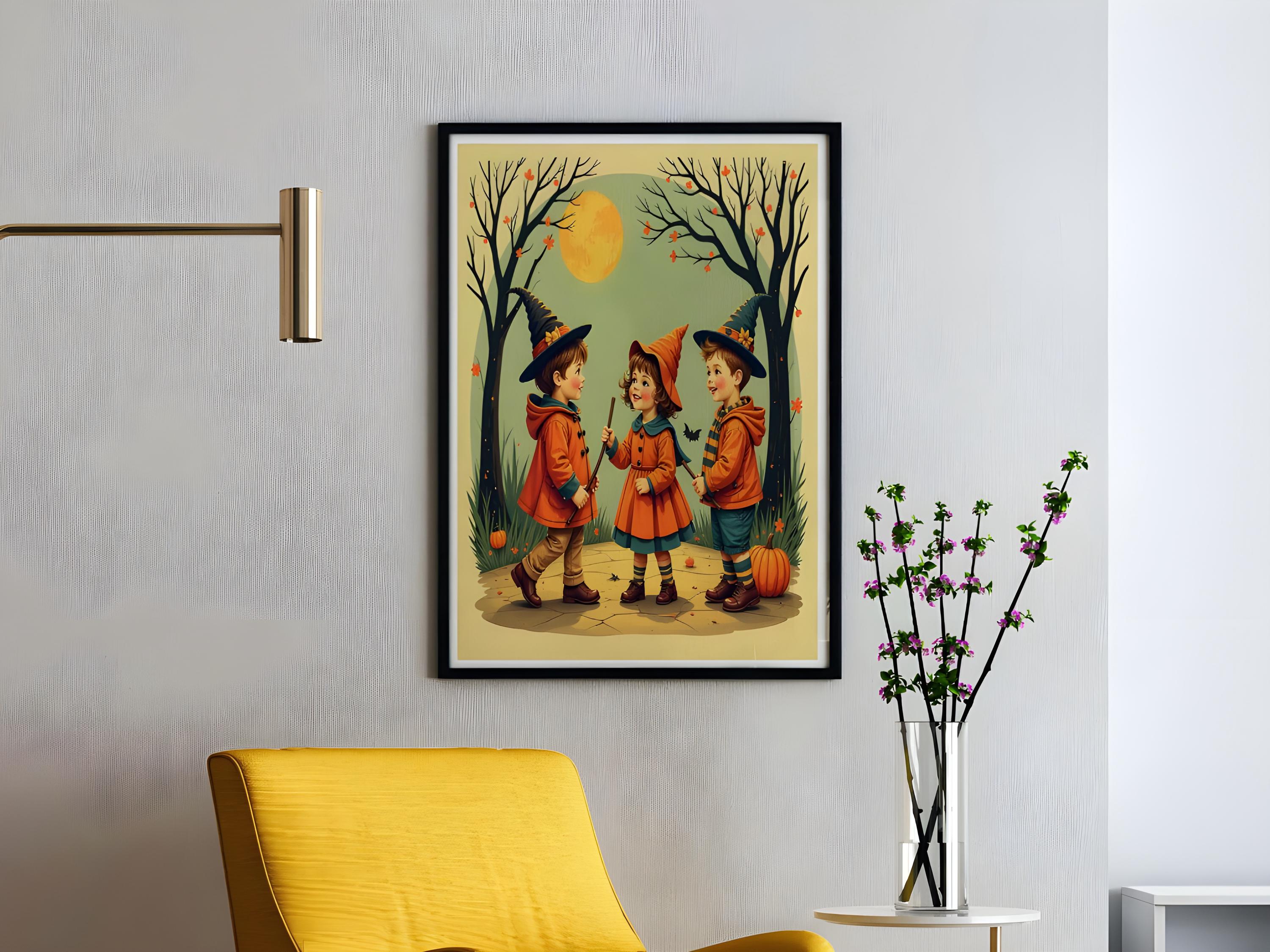 Vintage Halloween Witch Kids PNG | Retro Trick or Treat Digital Art | Cute Fall Pumpkin Illustration for T-shirts, Mugs, Stickers & Wall Art