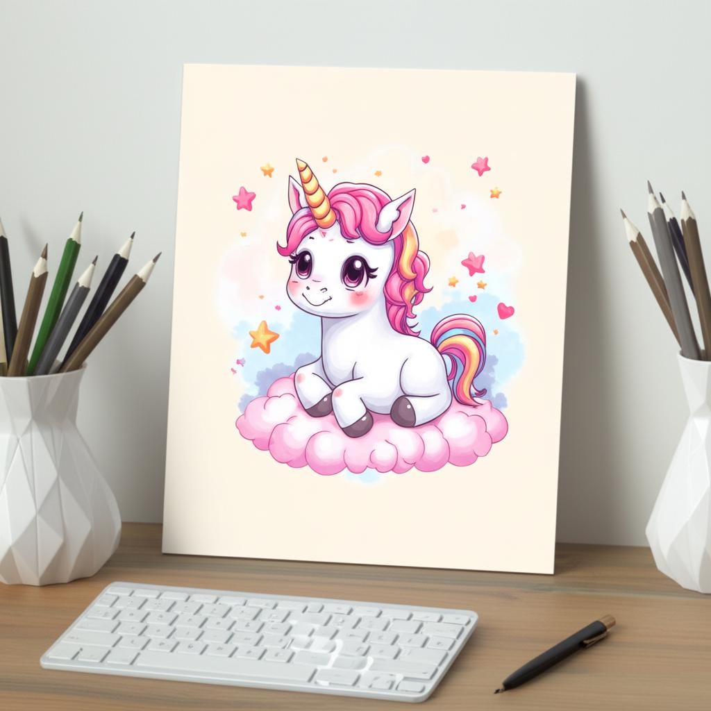 Cute Kawaii Unicorn Gift Clipart PNG – Pastel Rainbow Digital Download for Sublimation, Stickers, T-Shirt Design, Scrapbooking