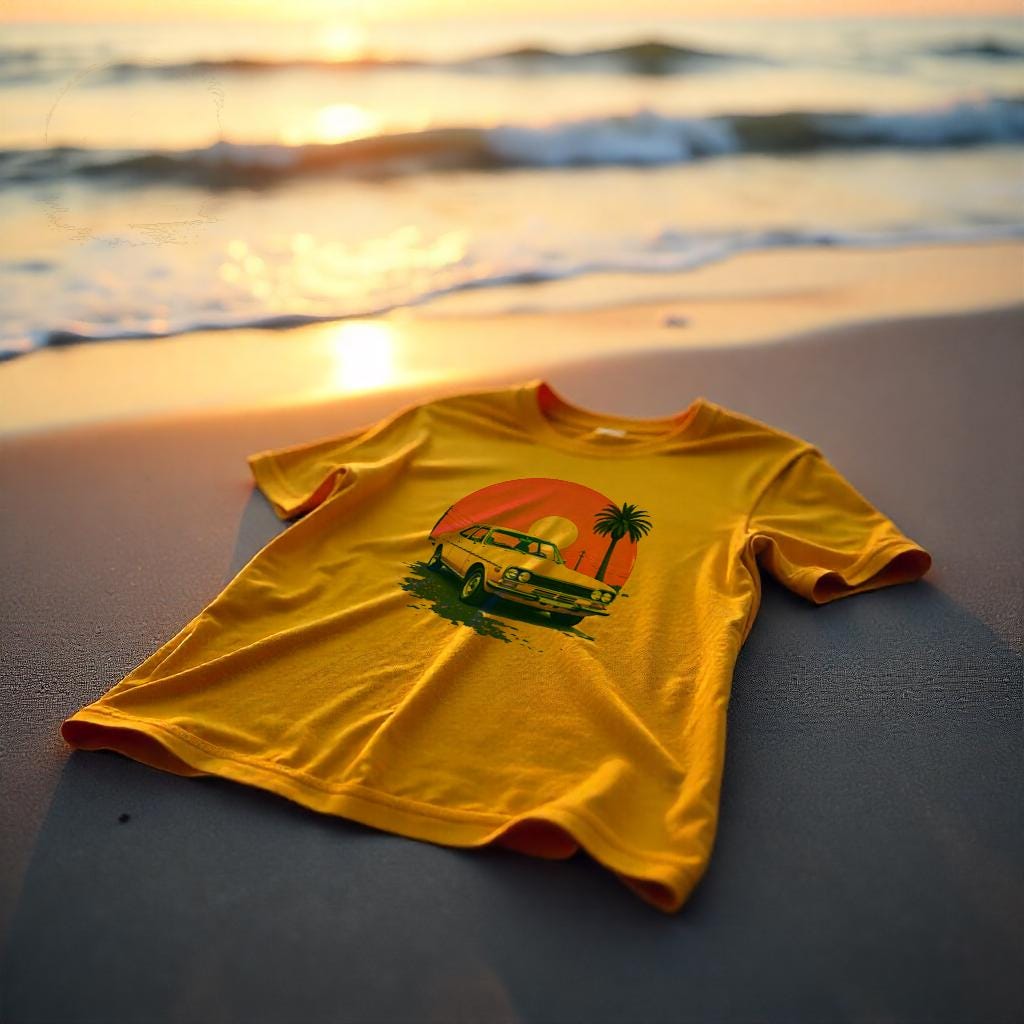 Retro Vintage Car Sunset Illustration GIft | Classic 70s Car with Palm Trees & Moon | Digital Download T-Shirt Sublimation Design PNG