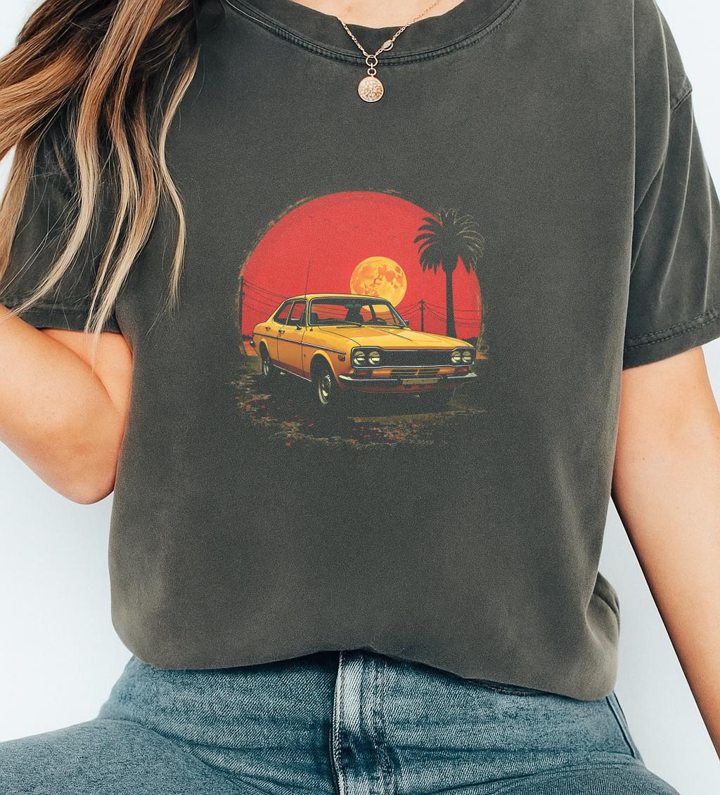Retro Vintage Car Sunset Illustration GIft | Classic 70s Car with Palm Trees & Moon | Digital Download T-Shirt Sublimation Design PNG