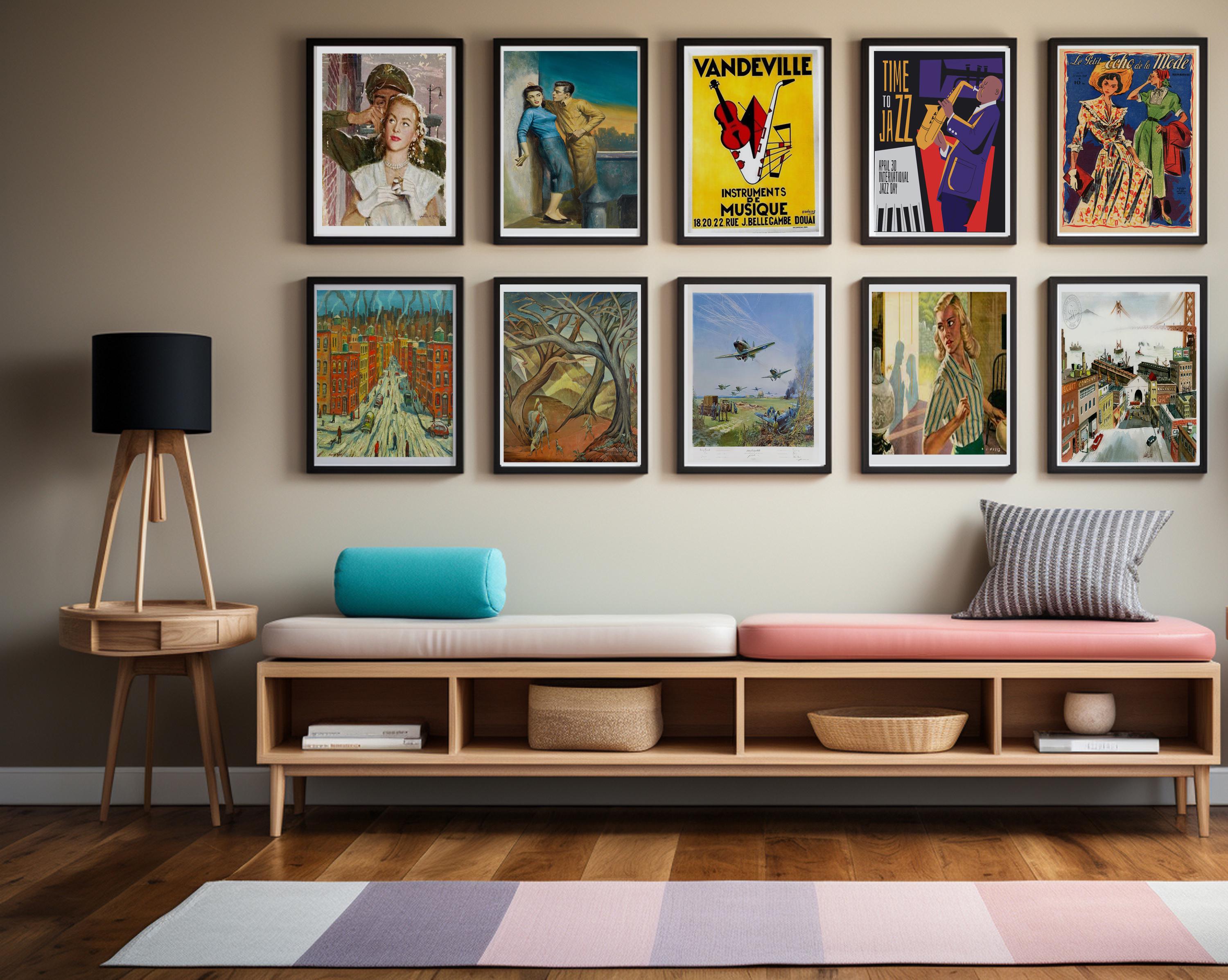 Digital Wall Art Set of 3 Prints PNG  – Abstract Landscape, Vintage Aviation, Modern Jazz Poster – Instant Download Home Decor”