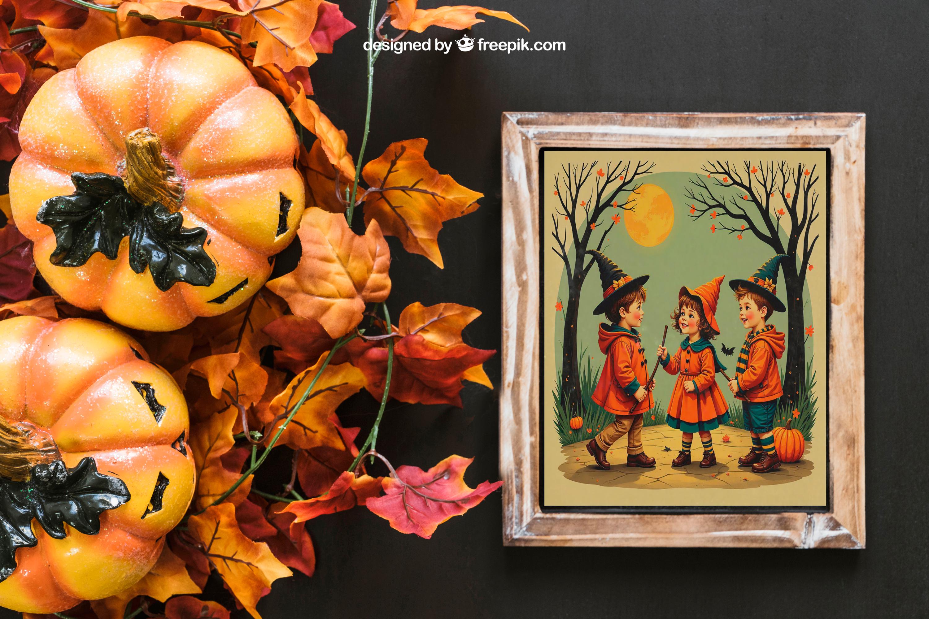 Vintage Halloween Witch Kids PNG | Retro Trick or Treat Digital Art | Cute Fall Pumpkin Illustration for T-shirts, Mugs, Stickers & Wall Art