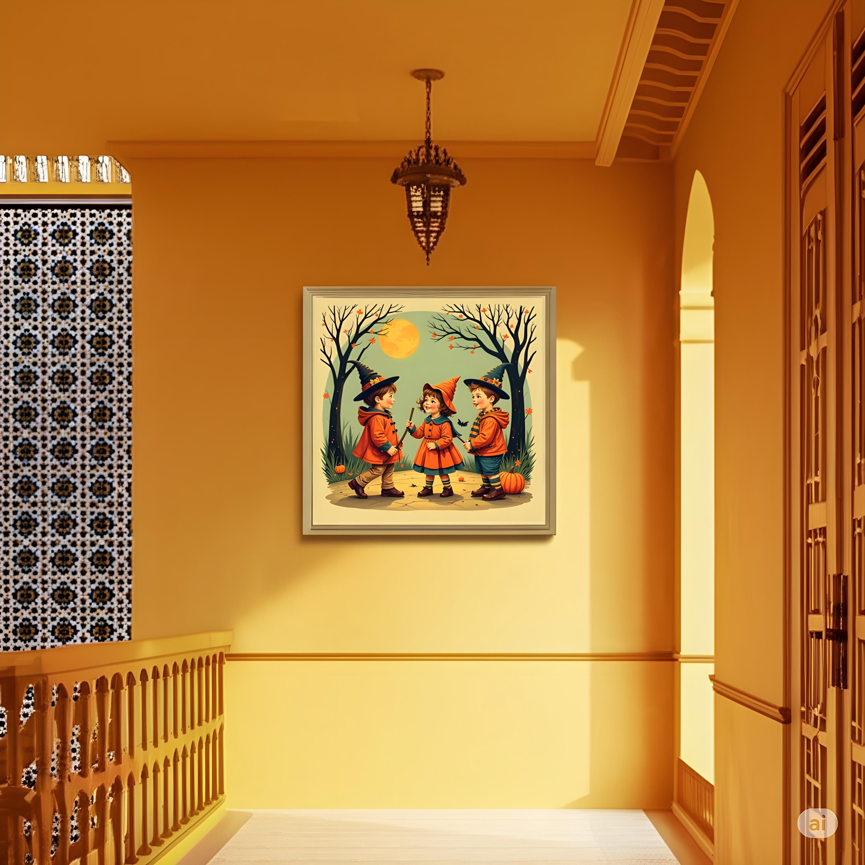 Vintage Halloween Witch Kids PNG | Retro Trick or Treat Digital Art | Cute Fall Pumpkin Illustration for T-shirts, Mugs, Stickers & Wall Art