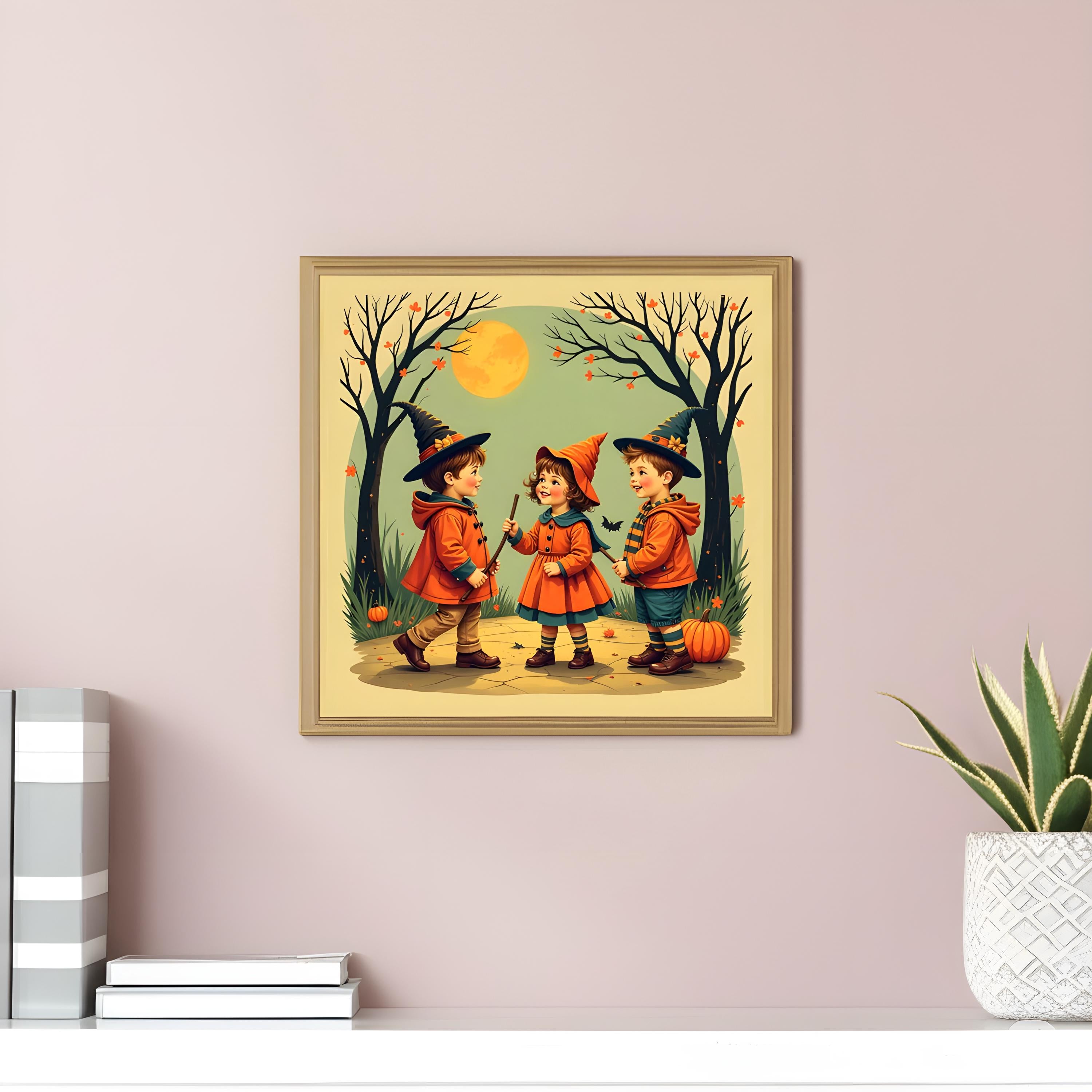 Vintage Halloween Witch Kids PNG | Retro Trick or Treat Digital Art | Cute Fall Pumpkin Illustration for T-shirts, Mugs, Stickers & Wall Art