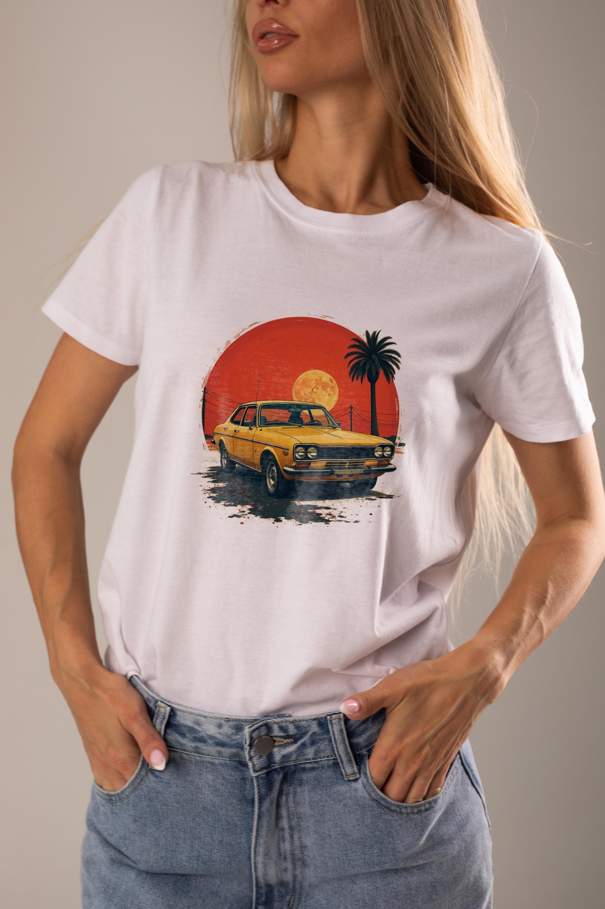 Retro Vintage Car Sunset Illustration GIft | Classic 70s Car with Palm Trees & Moon | Digital Download T-Shirt Sublimation Design PNG