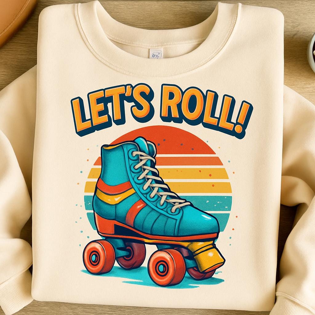 Let’s Roll SVG PNG gift | Retro Roller Skate Clipart | 70s Vintage Skating Design | Digital Download for T-Shirts, Stickers, Sublimation