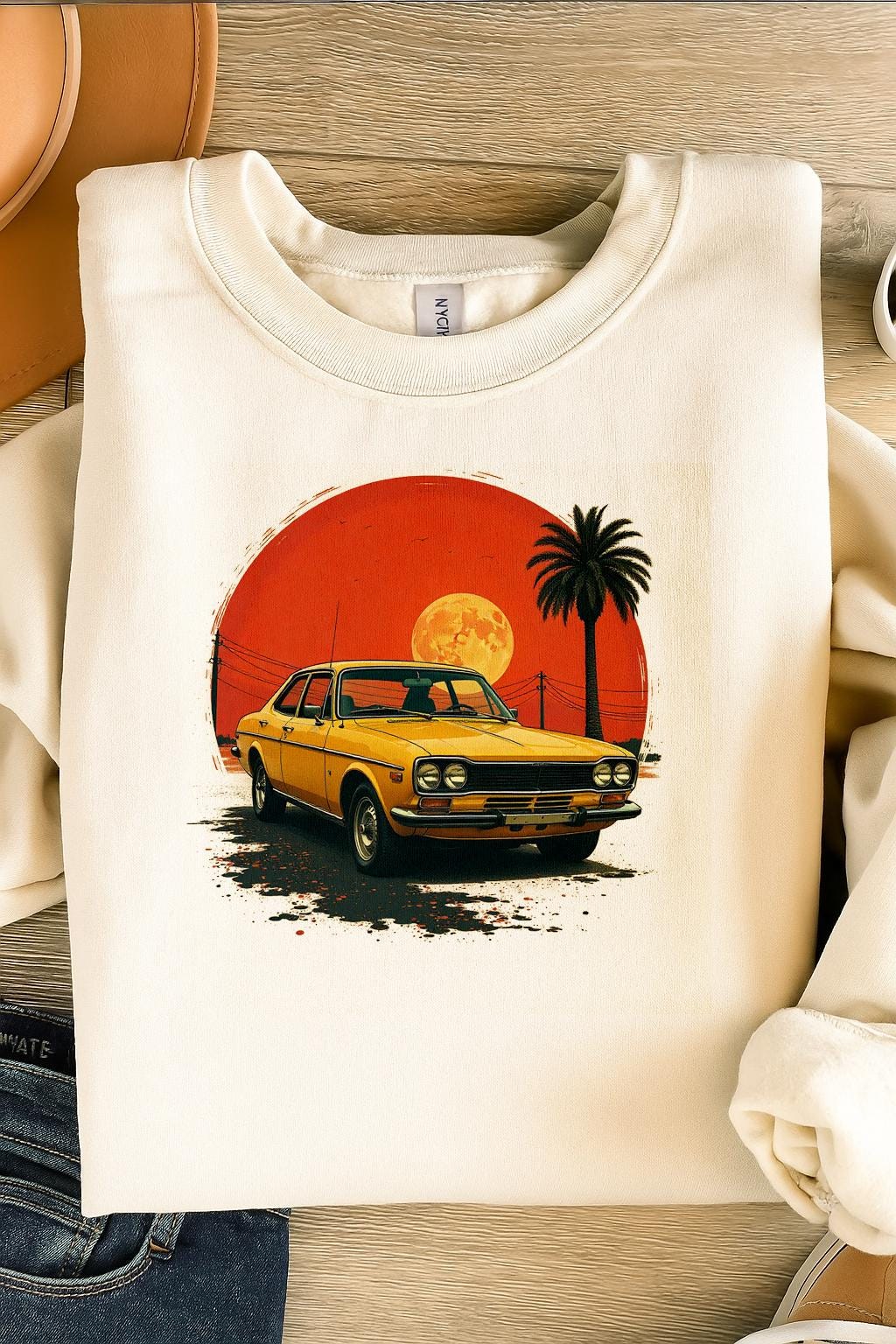 Retro Vintage Car Sunset Illustration GIft | Classic 70s Car with Palm Trees & Moon | Digital Download T-Shirt Sublimation Design PNG