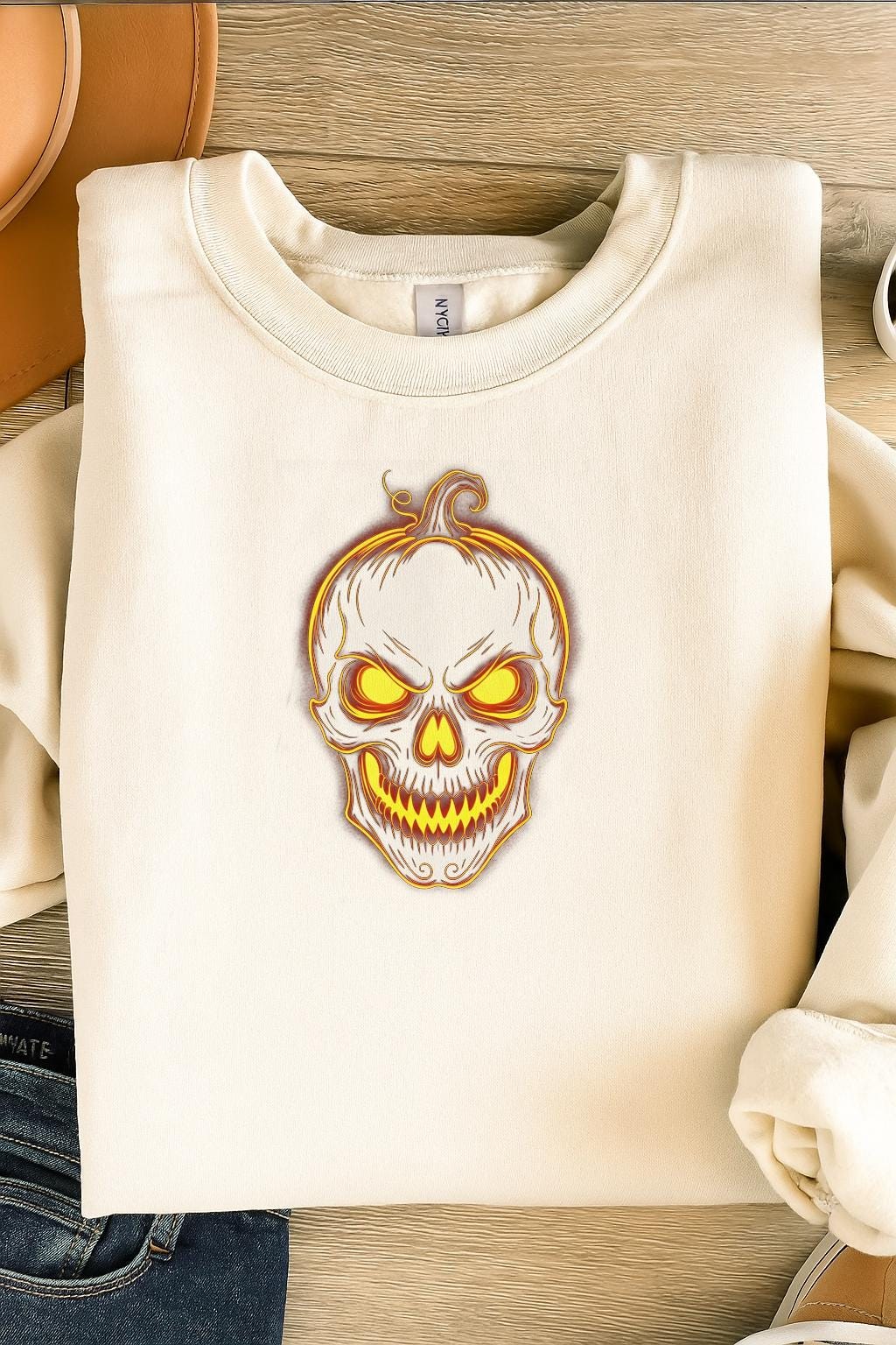 Halloween Skull Pumpkin GIFT  T-Shirt PNG | Spooky Glowing Jack O’Lantern Skull | Digital Download for Sublimation & Printing